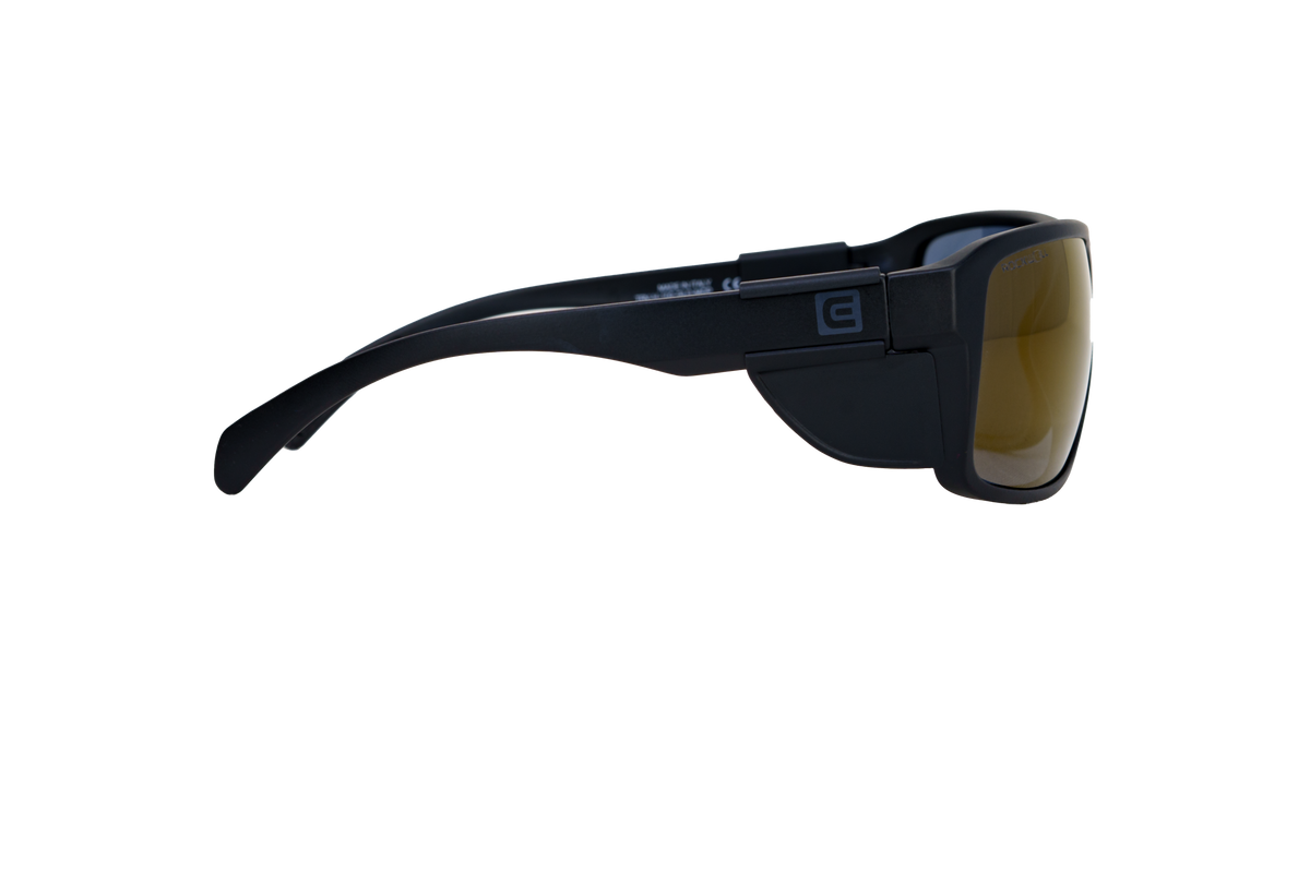 Black sunglasses with arched arms and gold-tinted mirrored lens