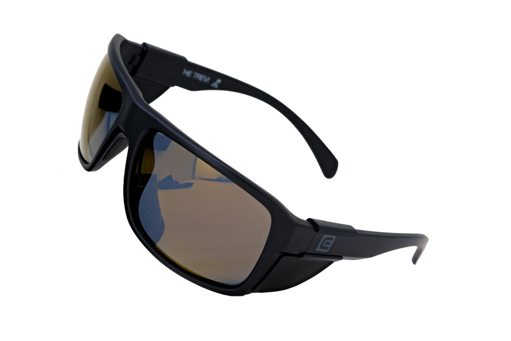 Black wrap sunglasses with gold-tinted mirrored lens and curved frame