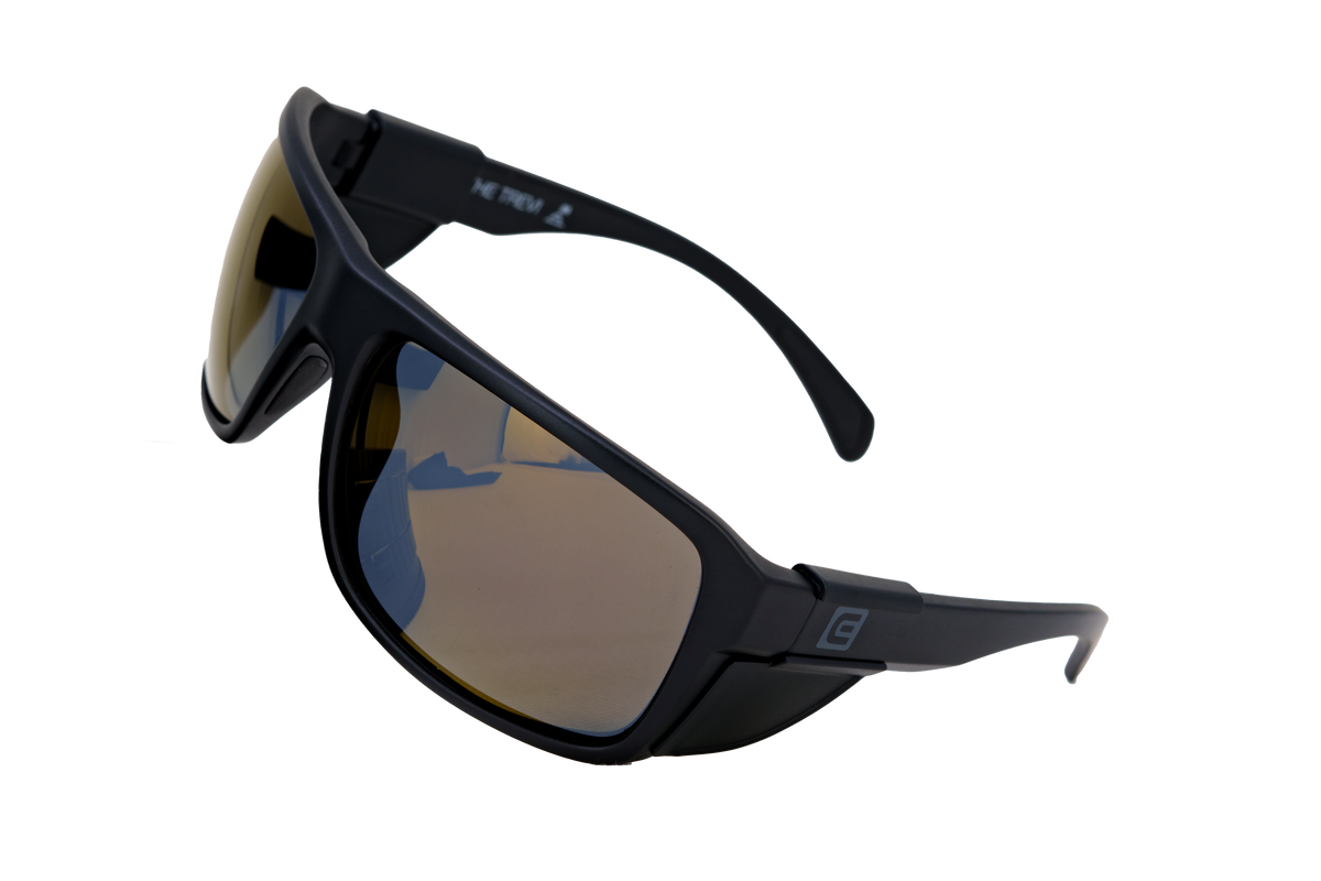 Black wrap sunglasses with gold-tinted mirrored lens and curved frame