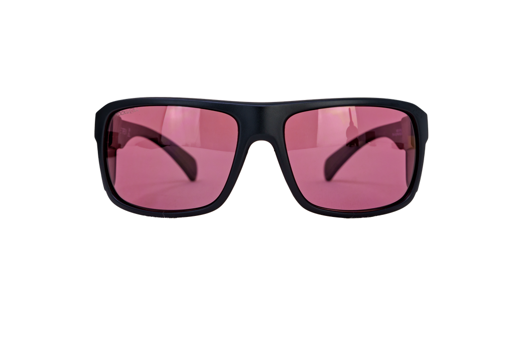 Black sunglasses with rose pink mirrored lenses and thick wrap frame