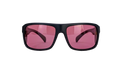 Black sunglasses with rose pink mirrored lenses and thick wrap frame