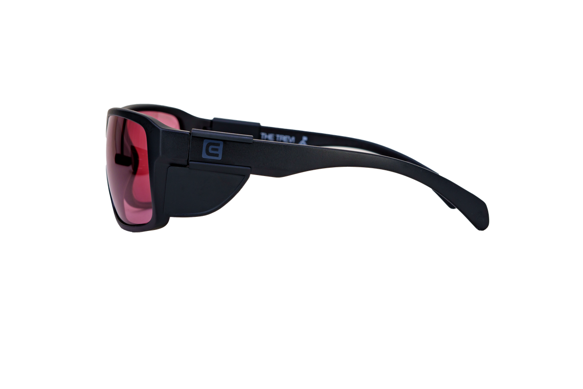 Black sunglasses side profile with rose pink lenses and long straight temple