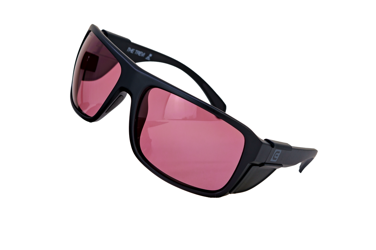 Black wrap sunglasses with rose pink lenses and angled arms