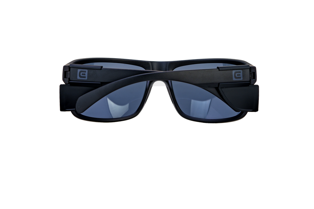 Black sports sunglasses with blue mirrored lenses, front view