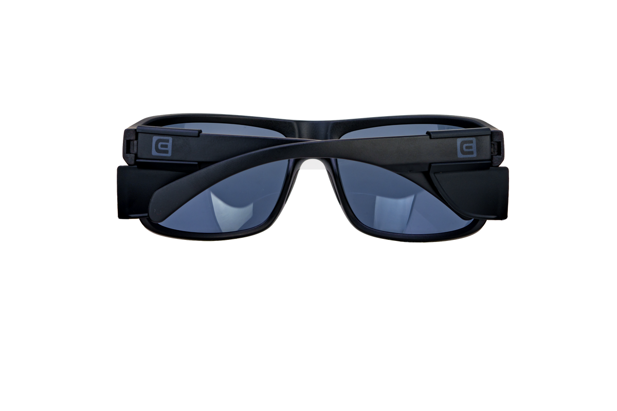 Black sports sunglasses with blue mirrored lenses, front view