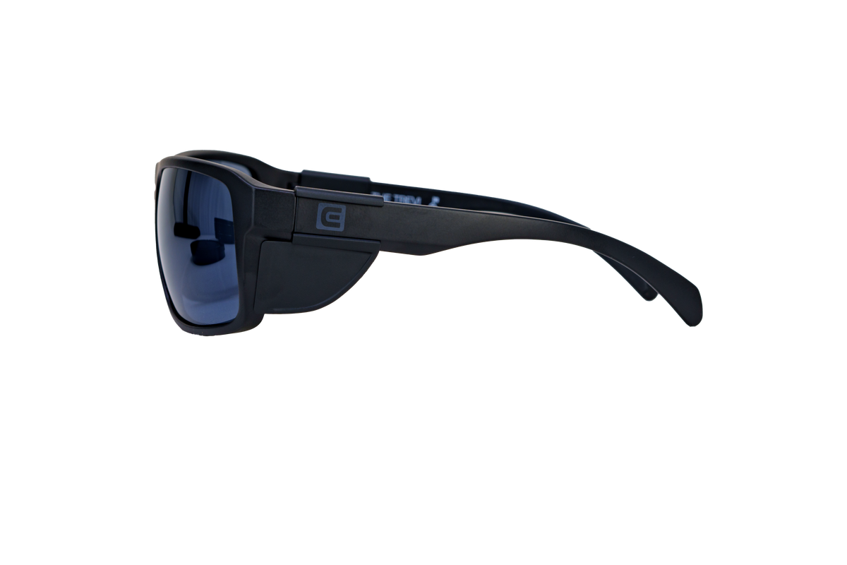 Black sunglasses with blue mirrored lenses and side arm