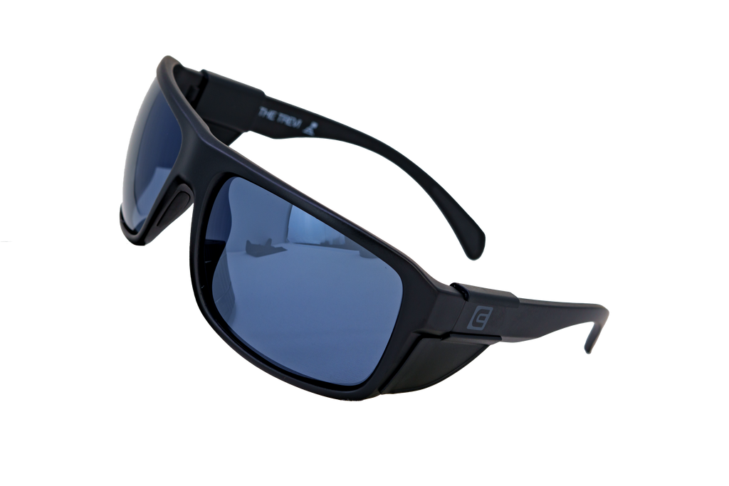 Black wrap sunglasses with blue mirrored lens coverage