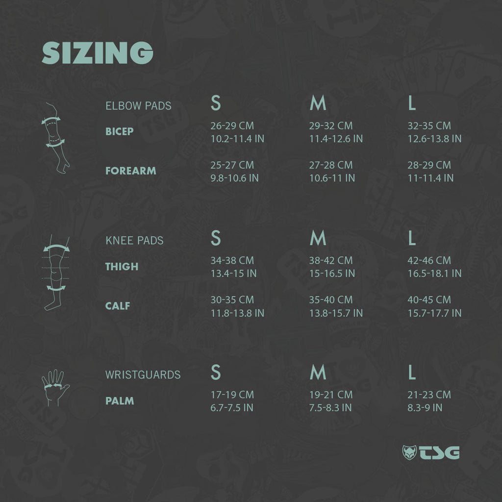 Skate pad sizing chart for elbow pads, knee pads, calf, and wristguards