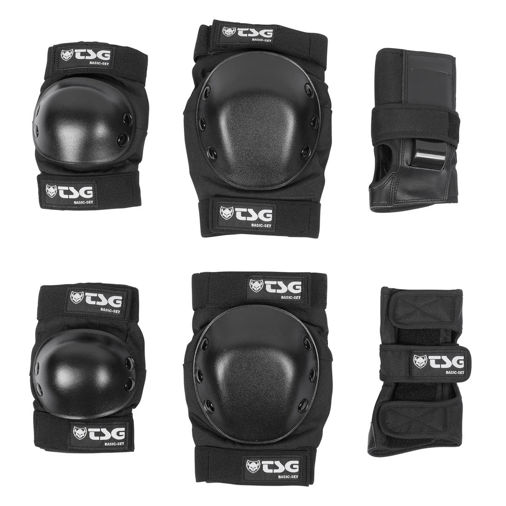 Black skate pad set with wrist guards, elbow pads, and knee pads