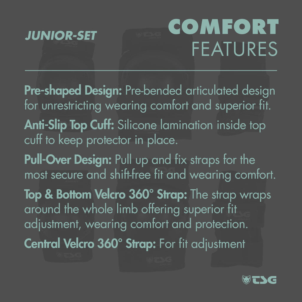 Black junior skate pad set with secure Velcro straps and molded protective cups