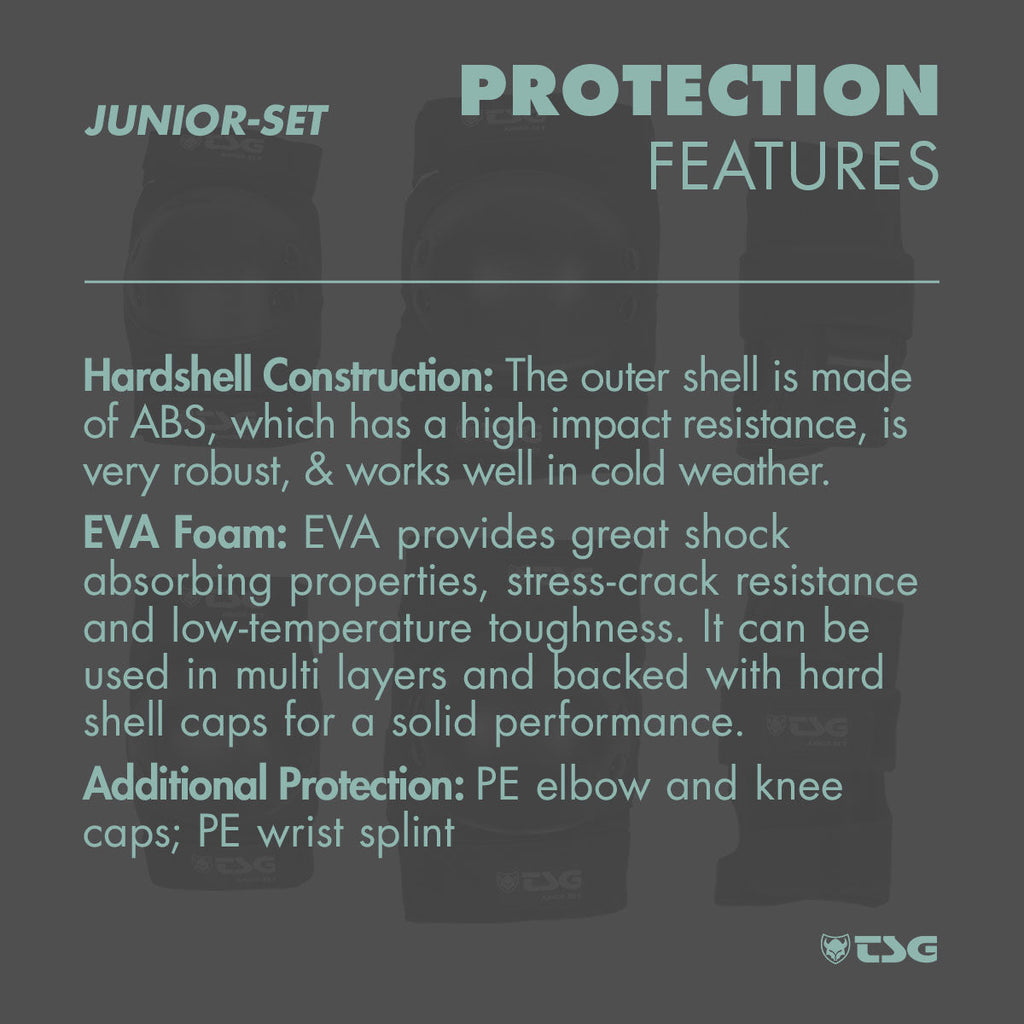 Black junior skate pad set with protective hard-shell and foam padding