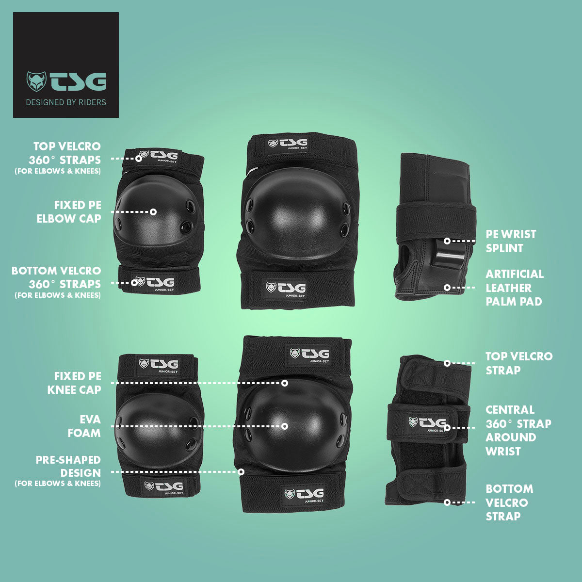 Black junior skate pad set with hard-shell elbow, knee, and wrist guards