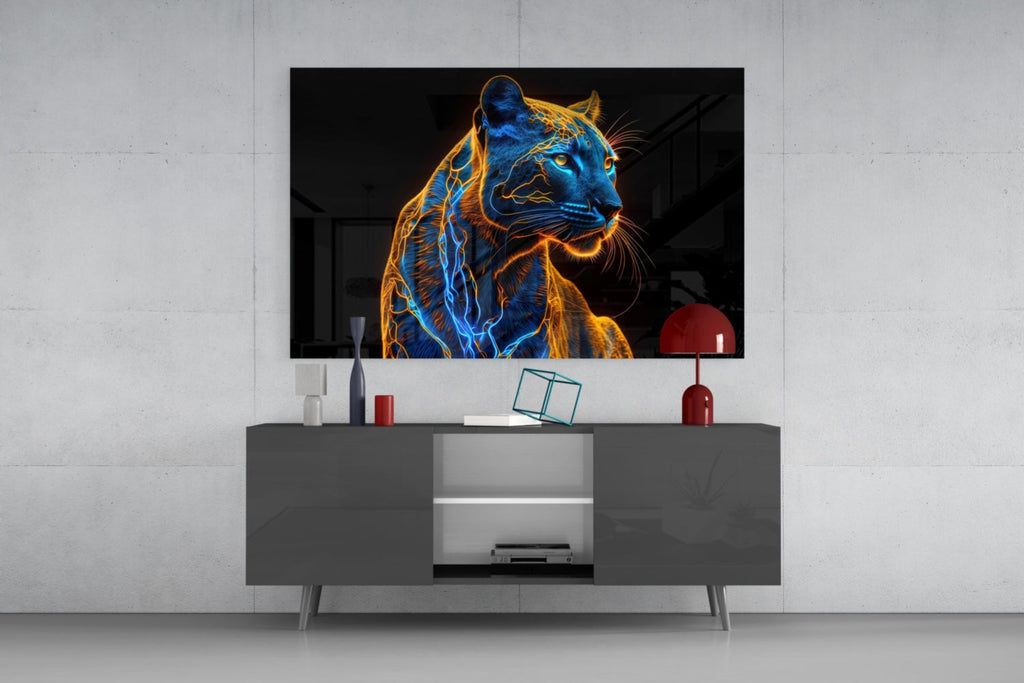 Neon jaguar portrait glass wall art on black rectangle, blue face with orange accents.