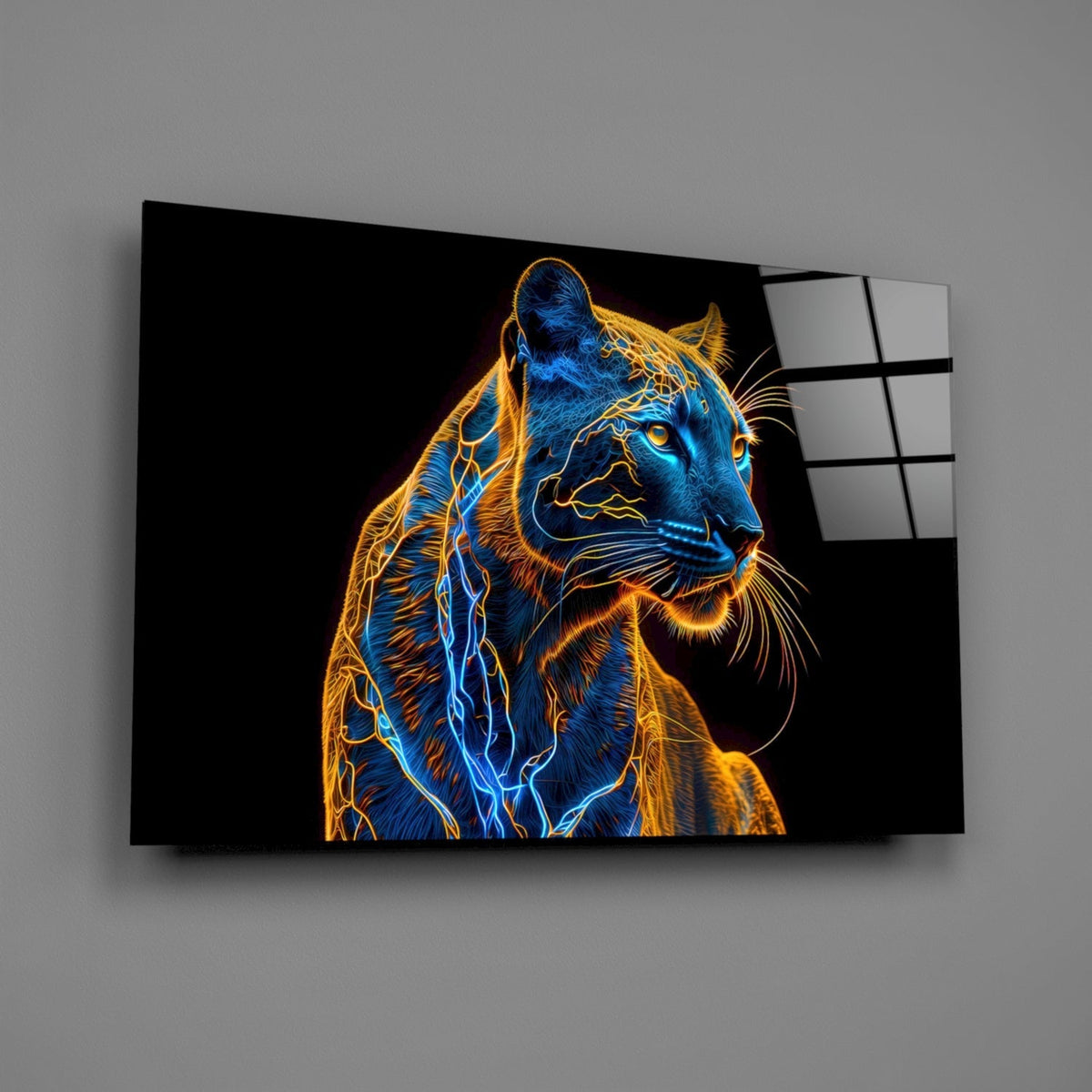 Neon jaguar portrait glass wall art on black rectangular panel, blue and orange glow lines.