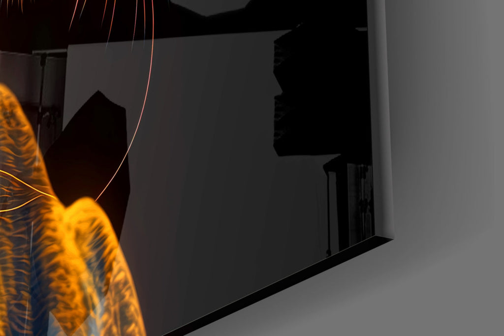 Close-up of neon jaguar glass wall art corner, showing blue and orange lines.