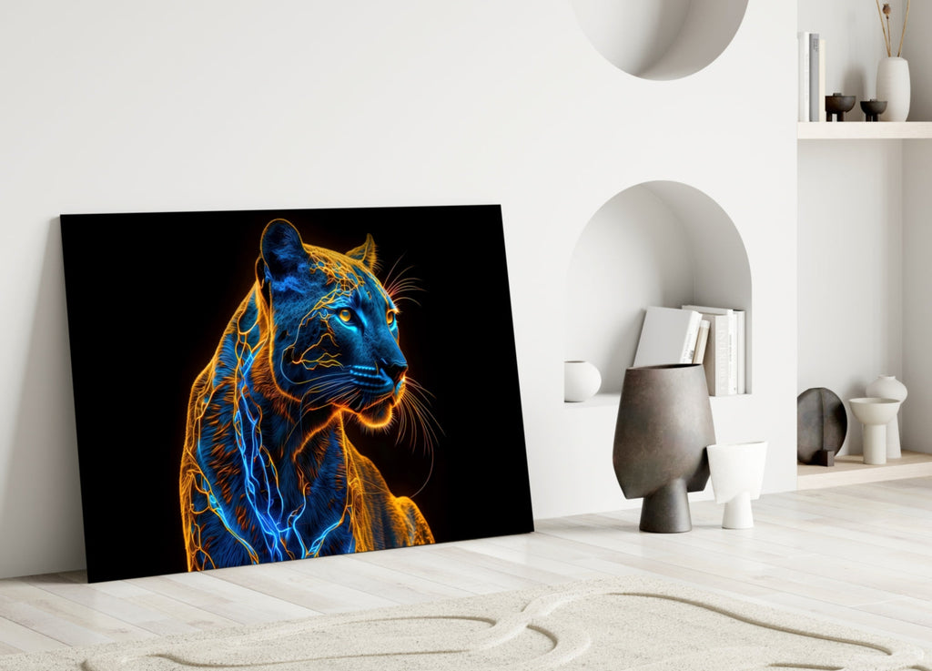 Rectangular neon jaguar glass wall art with blue and orange outline on dark background.