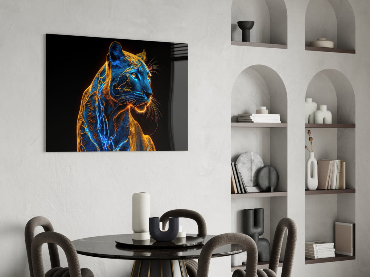 Neon jaguar portrait glass wall art with vivid blue and orange lightning lines.