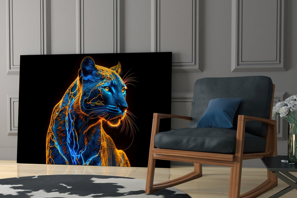 Neon jaguar portrait glass wall art on black rectangle, blue and orange neon details.