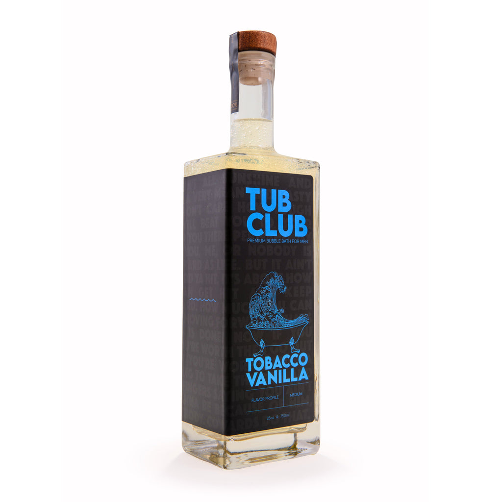TUB CLUB bubble bath bottle front label on dark panel with blue text