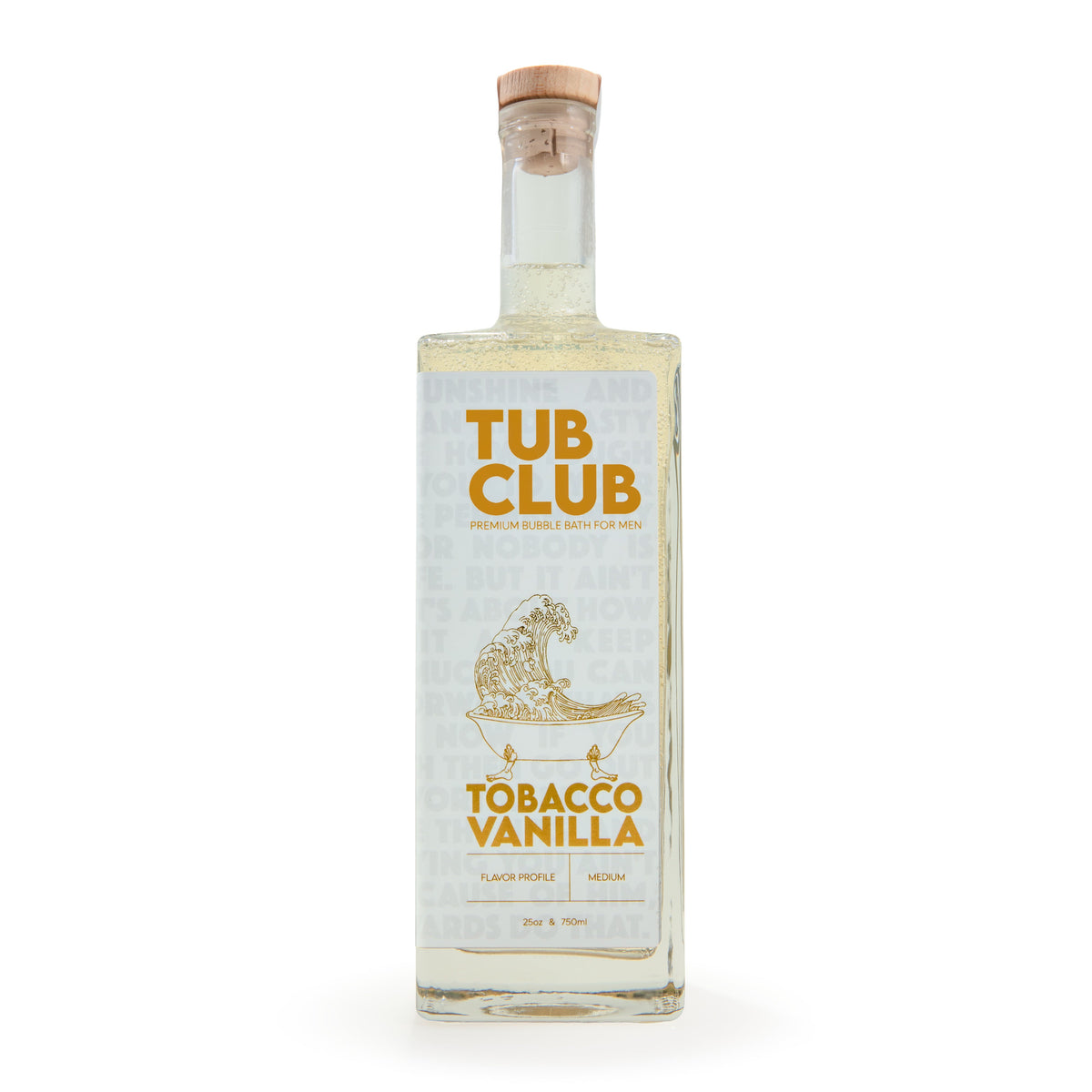 Tobacco & Vanilla bubble bath bottle with front label and tub club branding.