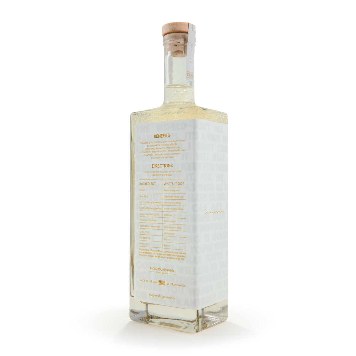 Tobacco & Vanilla bubble bath bottle back label with benefits and ingredient sections.