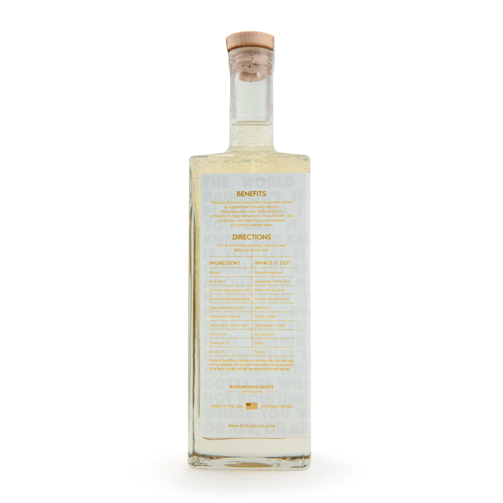 Tobacco & Vanilla bubble bath bottle back label with directions and benefits text.