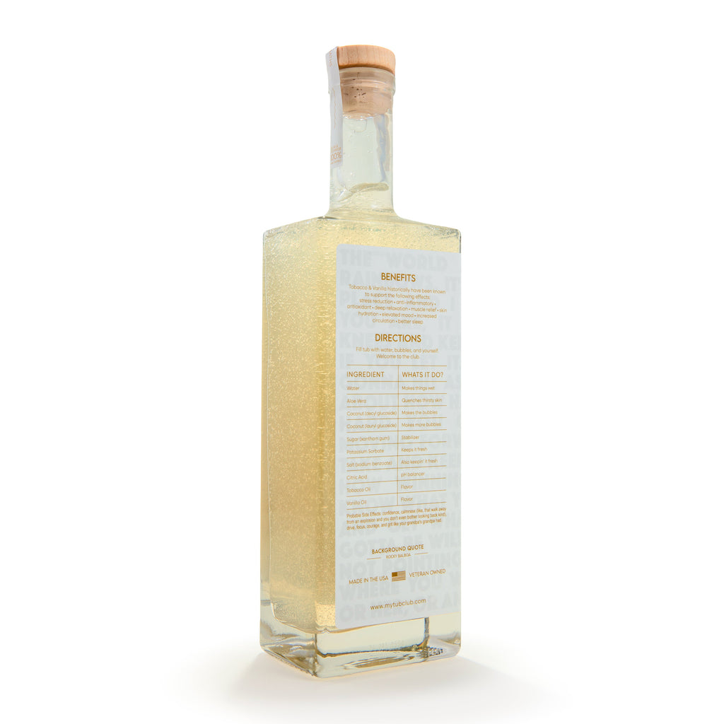 TUB CLUB bubble bath bottle back label with yellow-tinted directions text