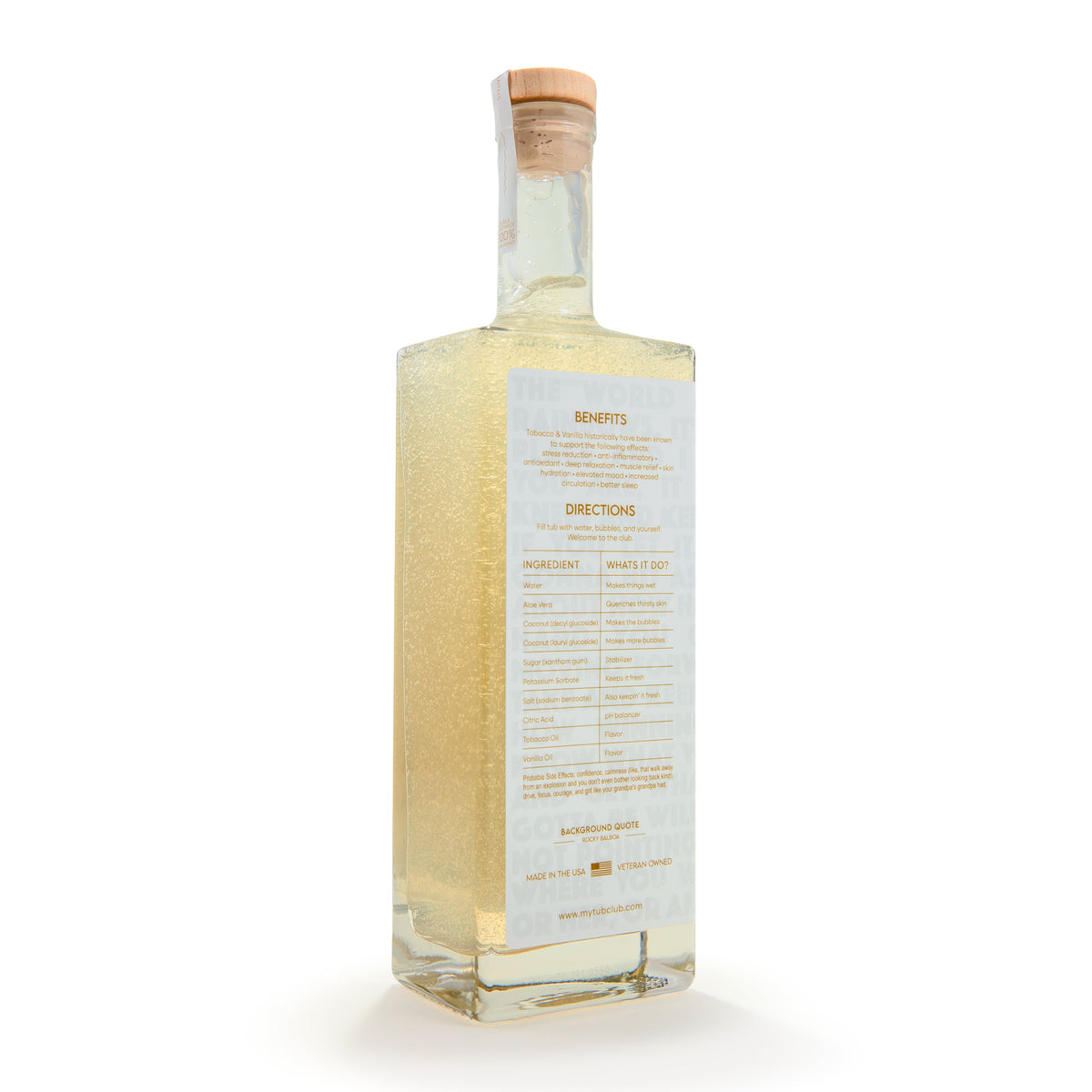TUB CLUB bubble bath bottle back label with yellow-tinted directions text