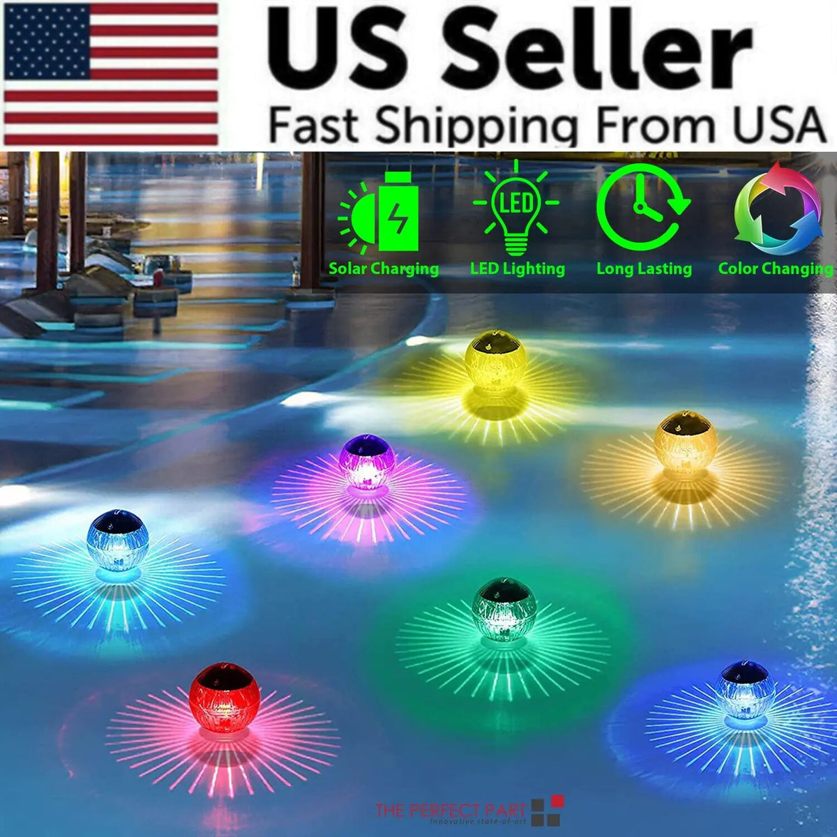 Solar LED floating light ball with clear dome, rotating RGB glow in water