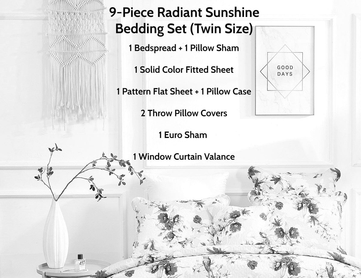 Patterned bedding set with floral bedspread, pillow shams, sheet, and window curtain valance