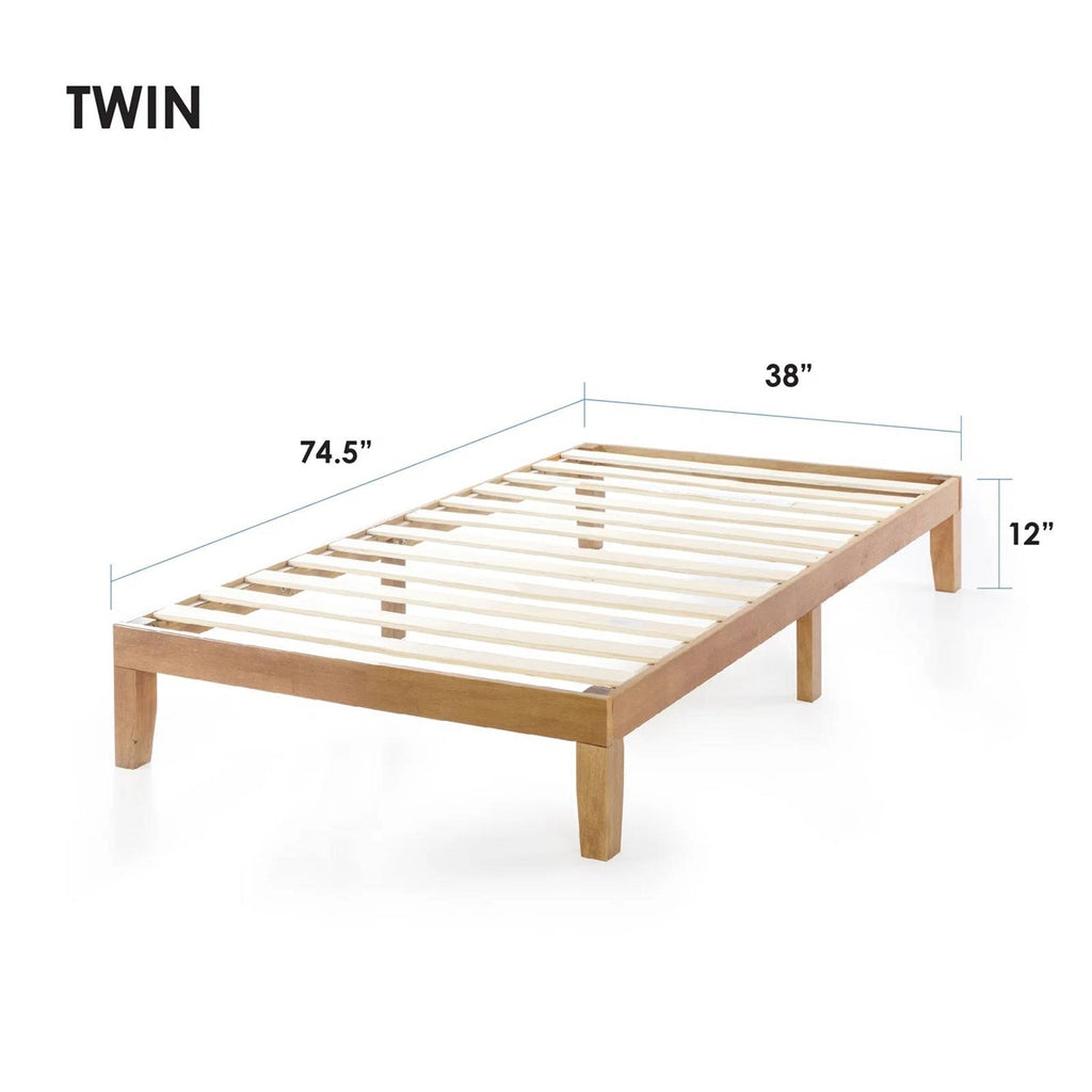 Twin natural wood platform bed frame with slatted base; 74.5 by 38 inches, 12 inches high