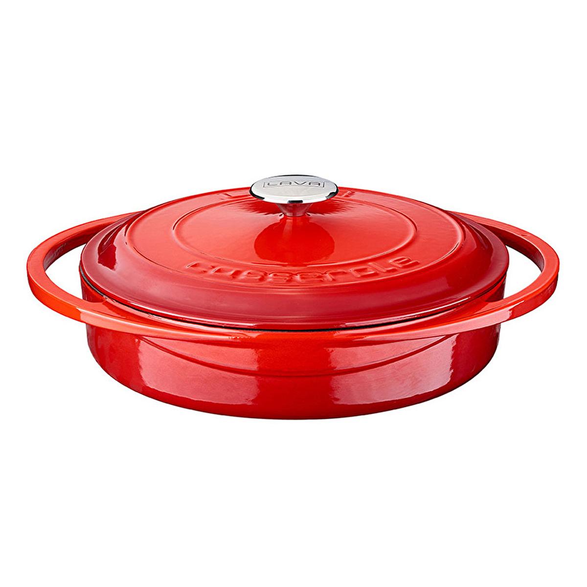 Red enamel cast iron multi-purpose pan with domed lid and side handles