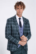 Wessi slim fit green men suit with plaid jacket, vest, and black tie