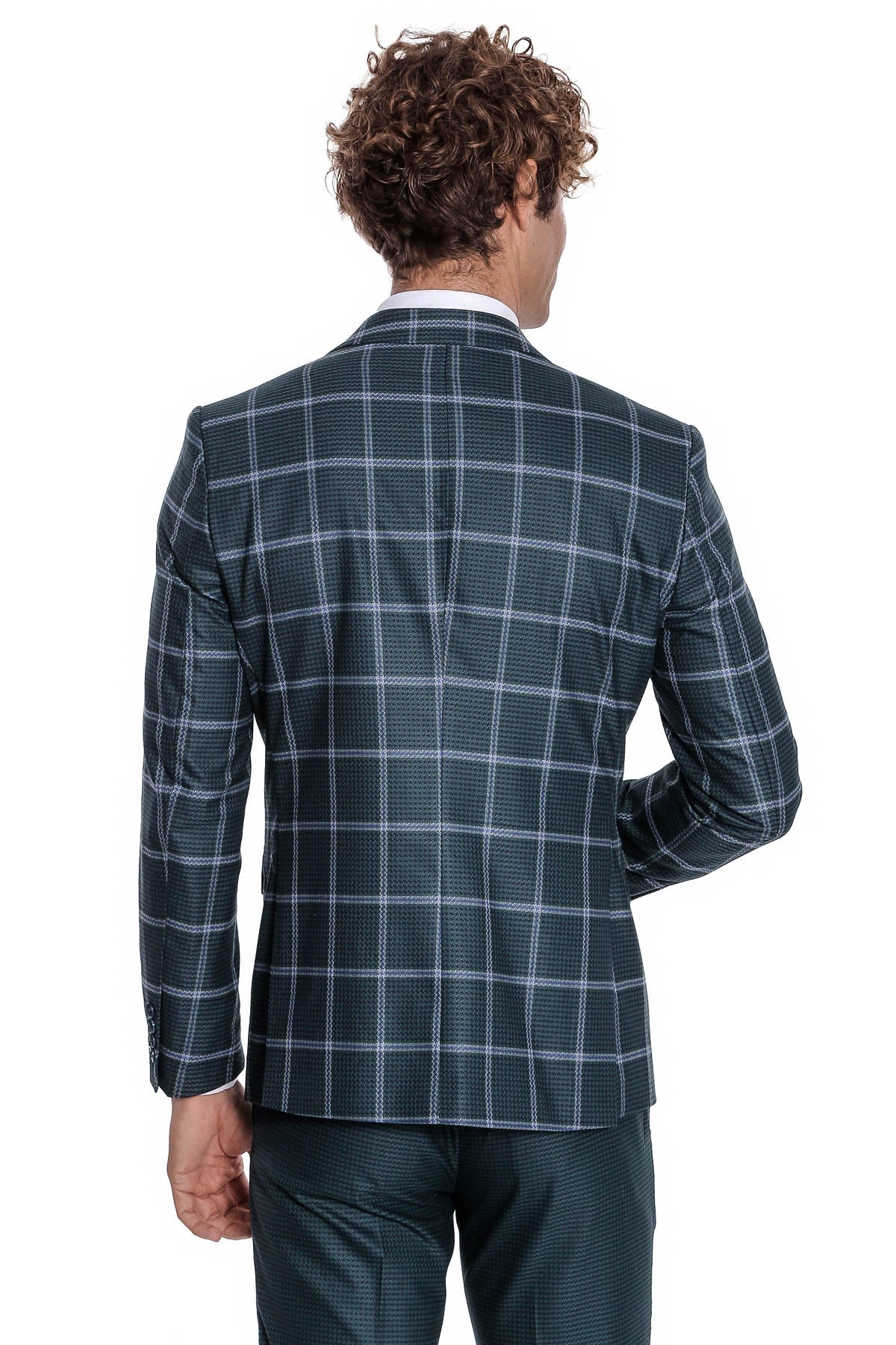 Slim fit green men suit with plaid jacket back and dark matching trousers