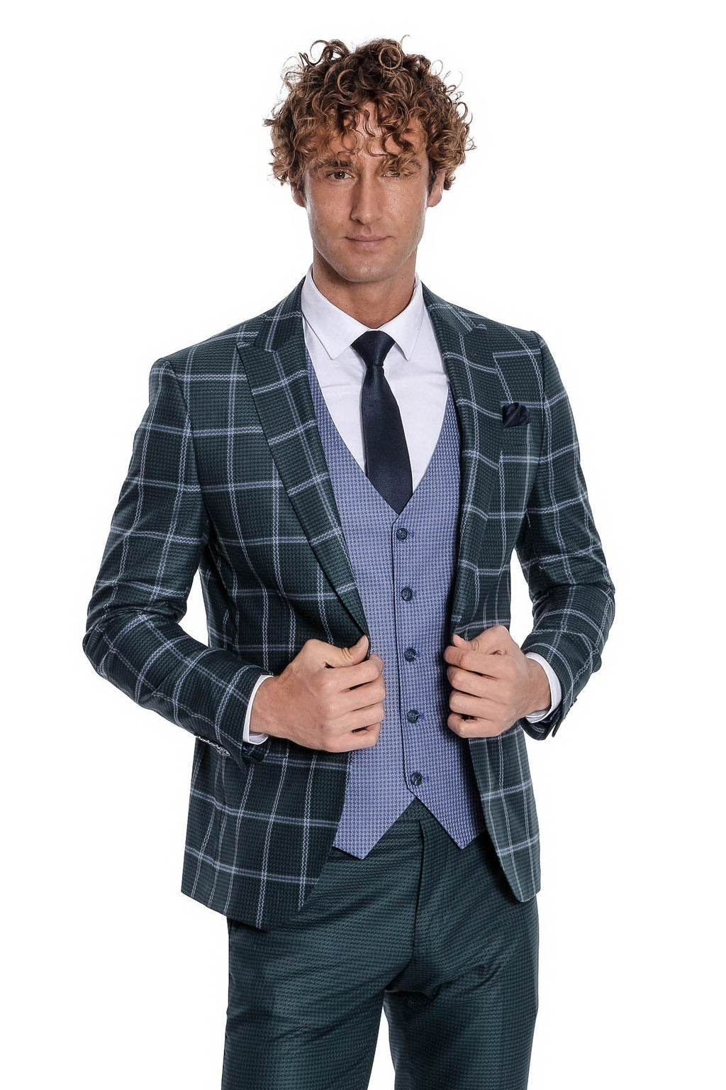 Slim fit green men suit with plaid blazer, light blue vest, and dark tie