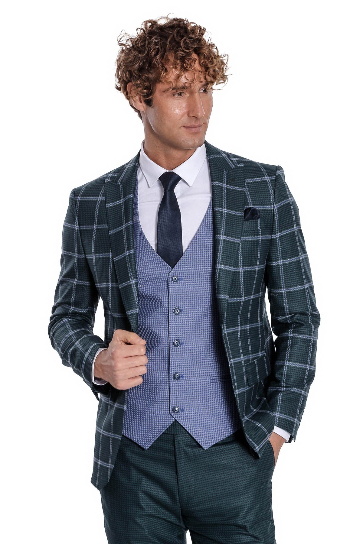 Slim fit green men suit with plaid jacket, light blue vest, and black tie