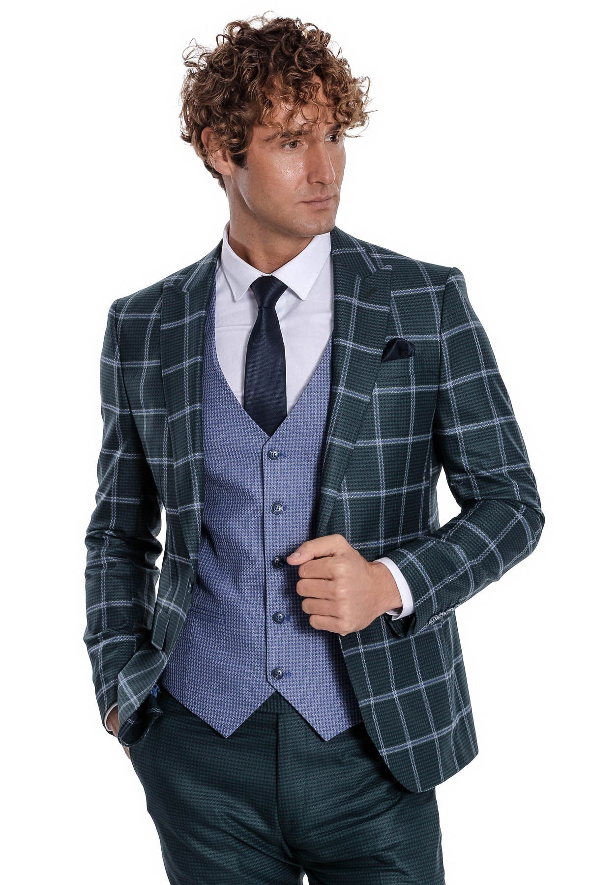 Slim fit green men suit with plaid jacket, blue vest, and black necktie
