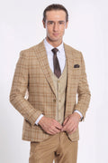 Wessi men's checked tan blazer with beige waistcoat and matching trousers, front view