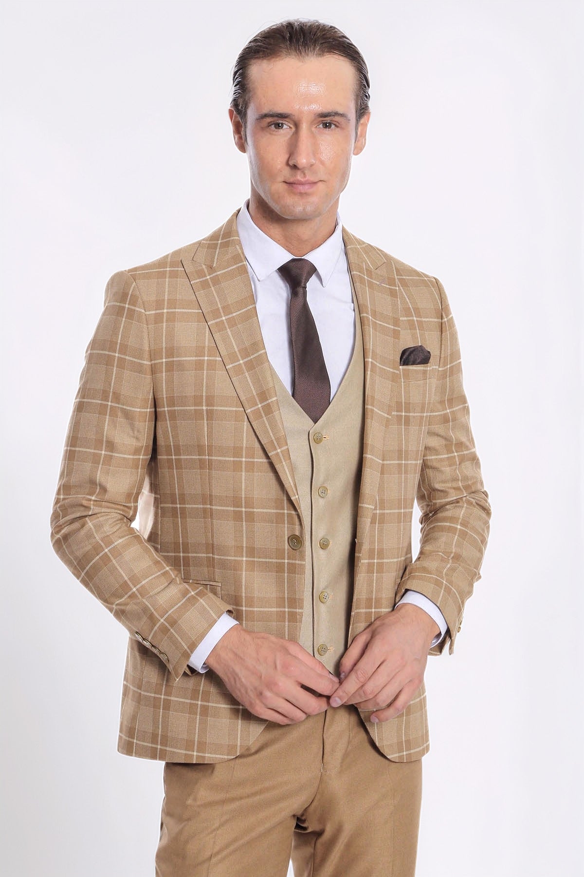 Wessi men's checked tan blazer with beige waistcoat and matching trousers, front view