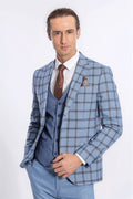 Wessi men's slim fit suit with light blue plaid jacket, blue vest, brown tie, pocket square