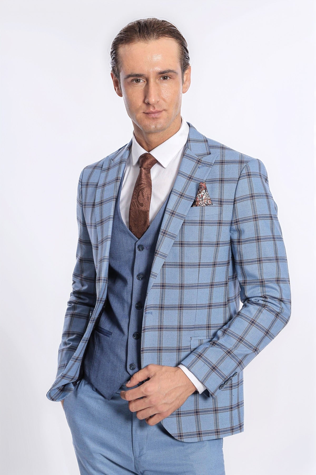 Wessi men's slim fit suit with light blue plaid jacket, blue vest, brown tie, pocket square