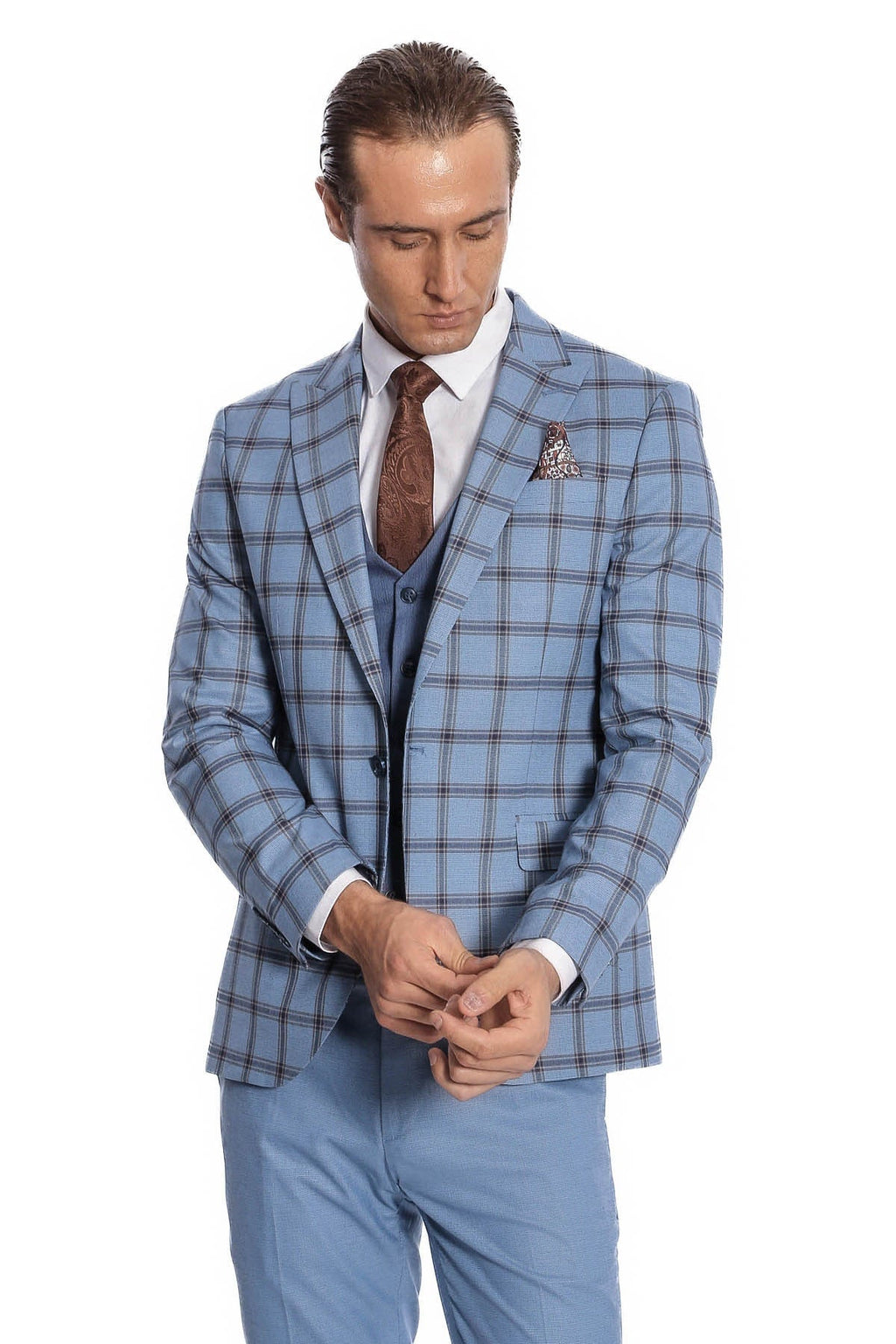 Men's slim fit suit jacket in light blue plaid with blue vest and brown tie, hands clasped