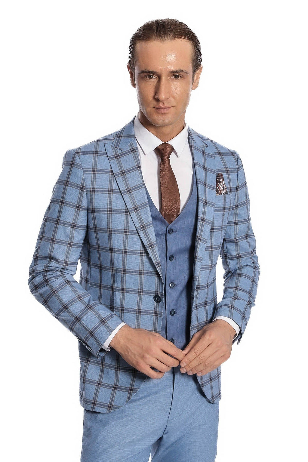 Men's slim fit suit jacket close-up: light blue plaid pattern over blue vest and brown tie