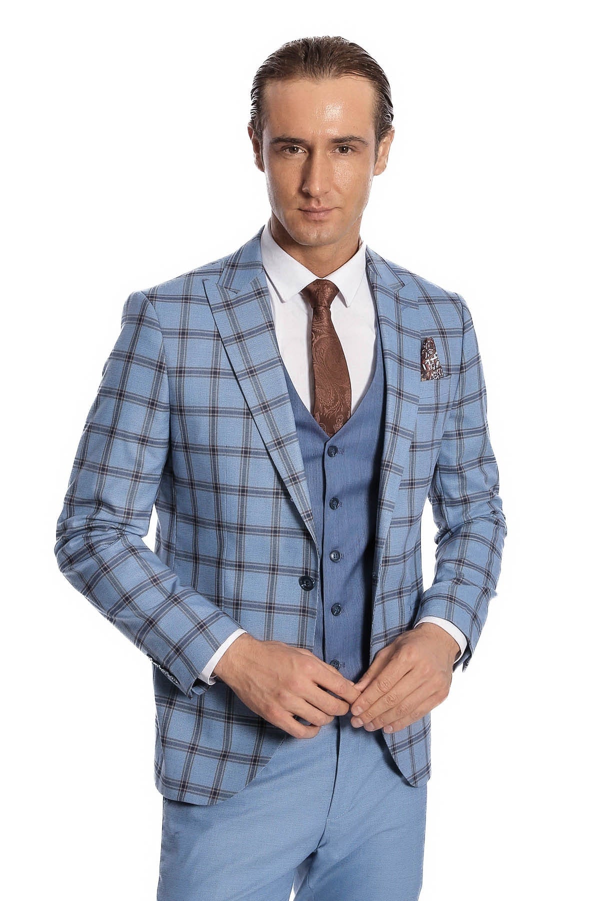 Men's slim fit suit jacket close-up: light blue plaid pattern over blue vest and brown tie