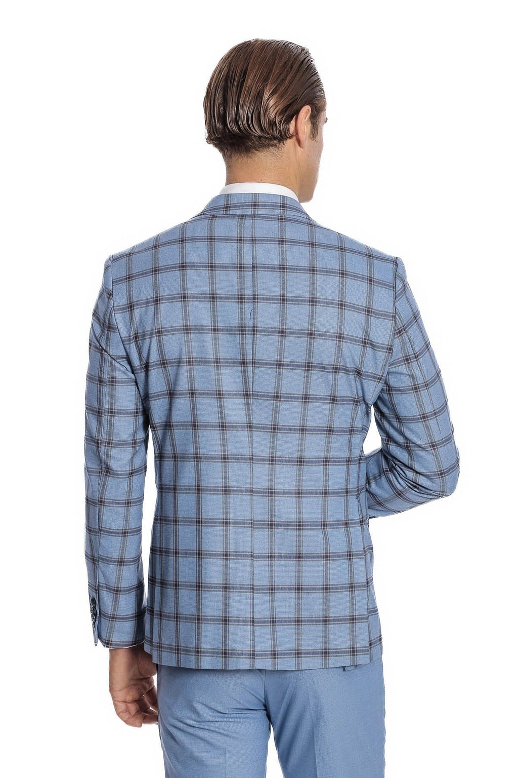 Men's suit from back: light blue plaid jacket with rear cut and light blue trousers