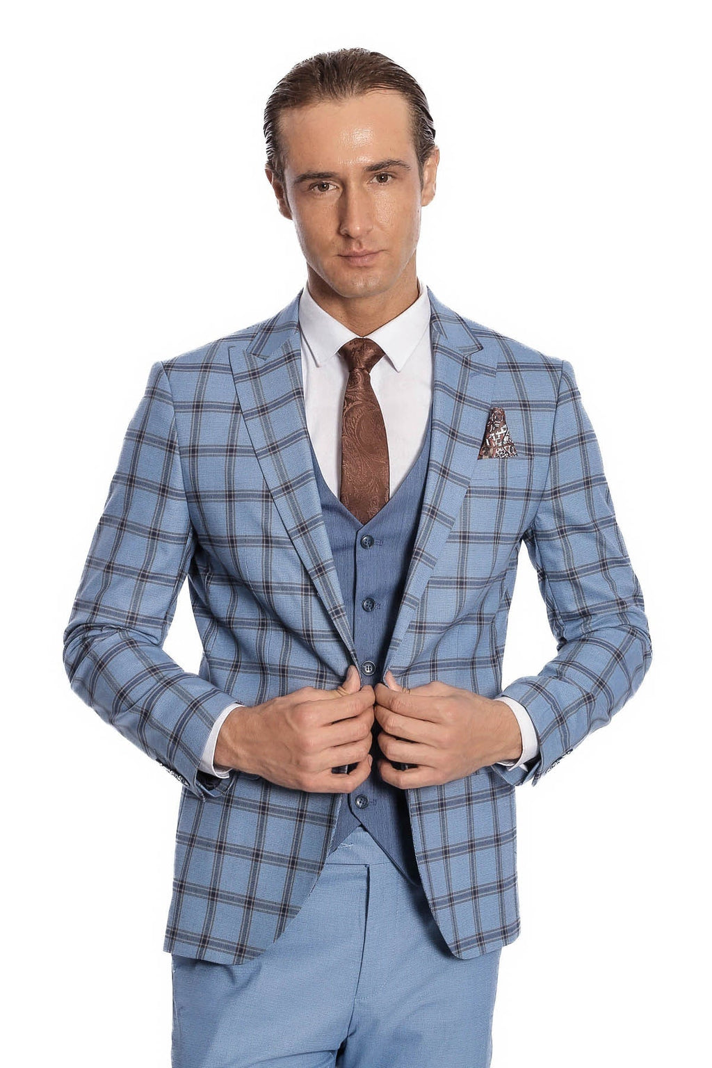 Men's slim fit suit set: light blue plaid jacket over blue vest with brown patterned tie