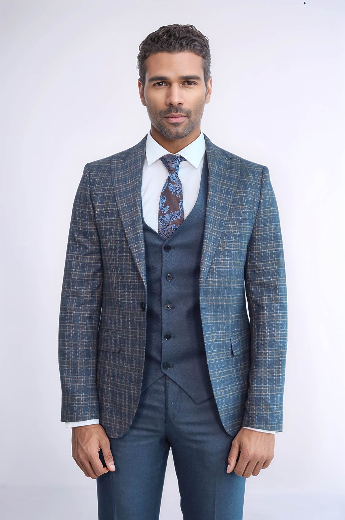 Men's slim fit checked suit set: dark blue jacket with vest and trousers