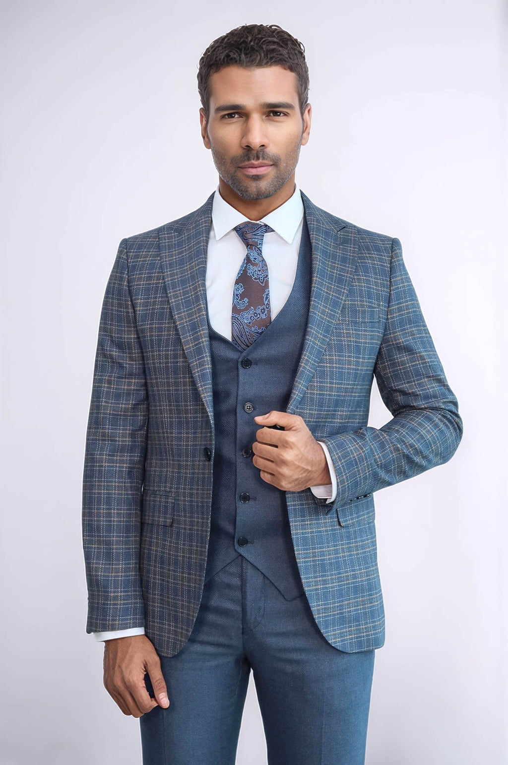 Men's slim fit checked suit jacket with dark blue vest and trousers
