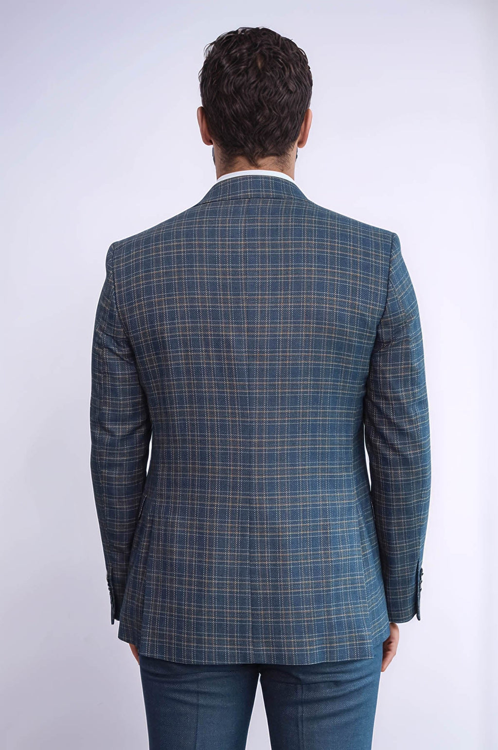 Men's slim fit checked suit jacket back view in dark blue
