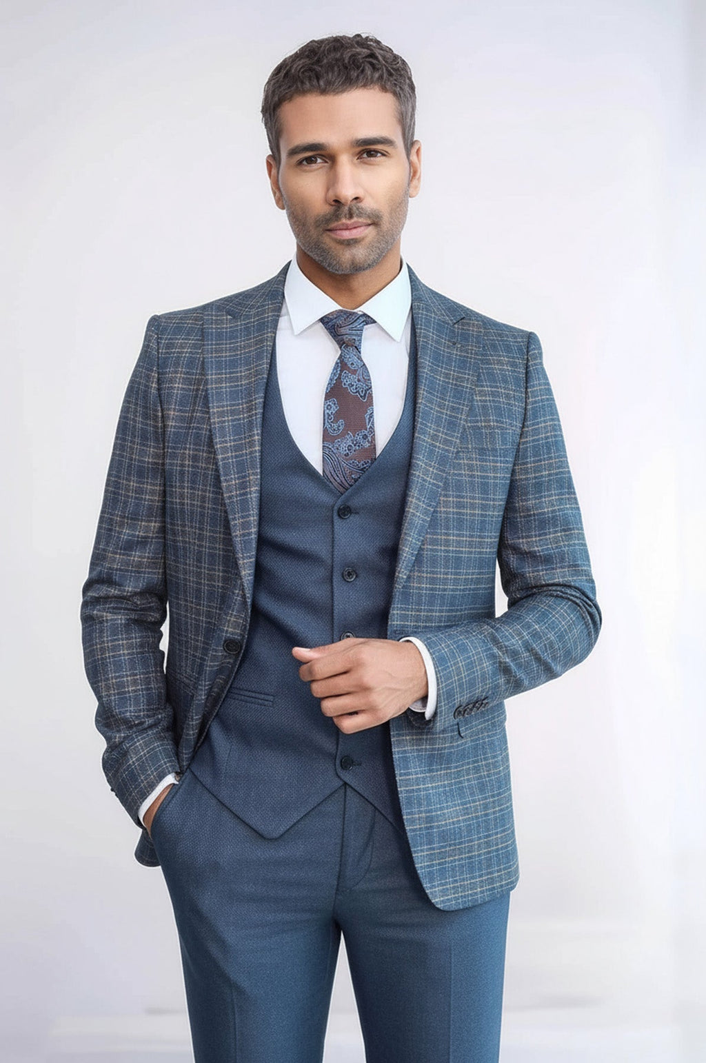 Men's slim fit checked suit jacket with dark blue vest and tie